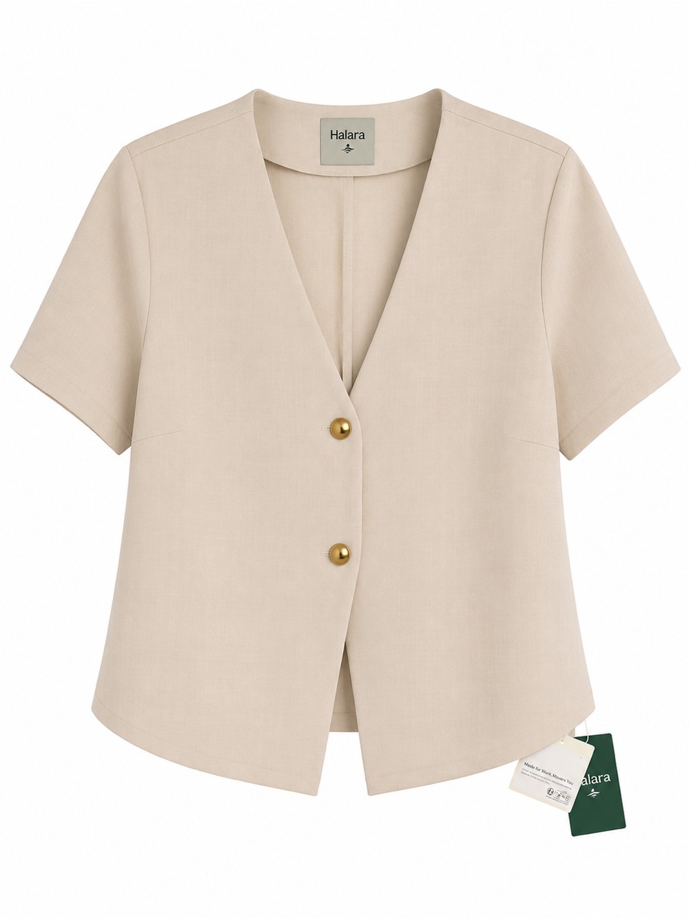HALARA Beige Linen like Short Sleeve V-Neck Top with Gold Buttons